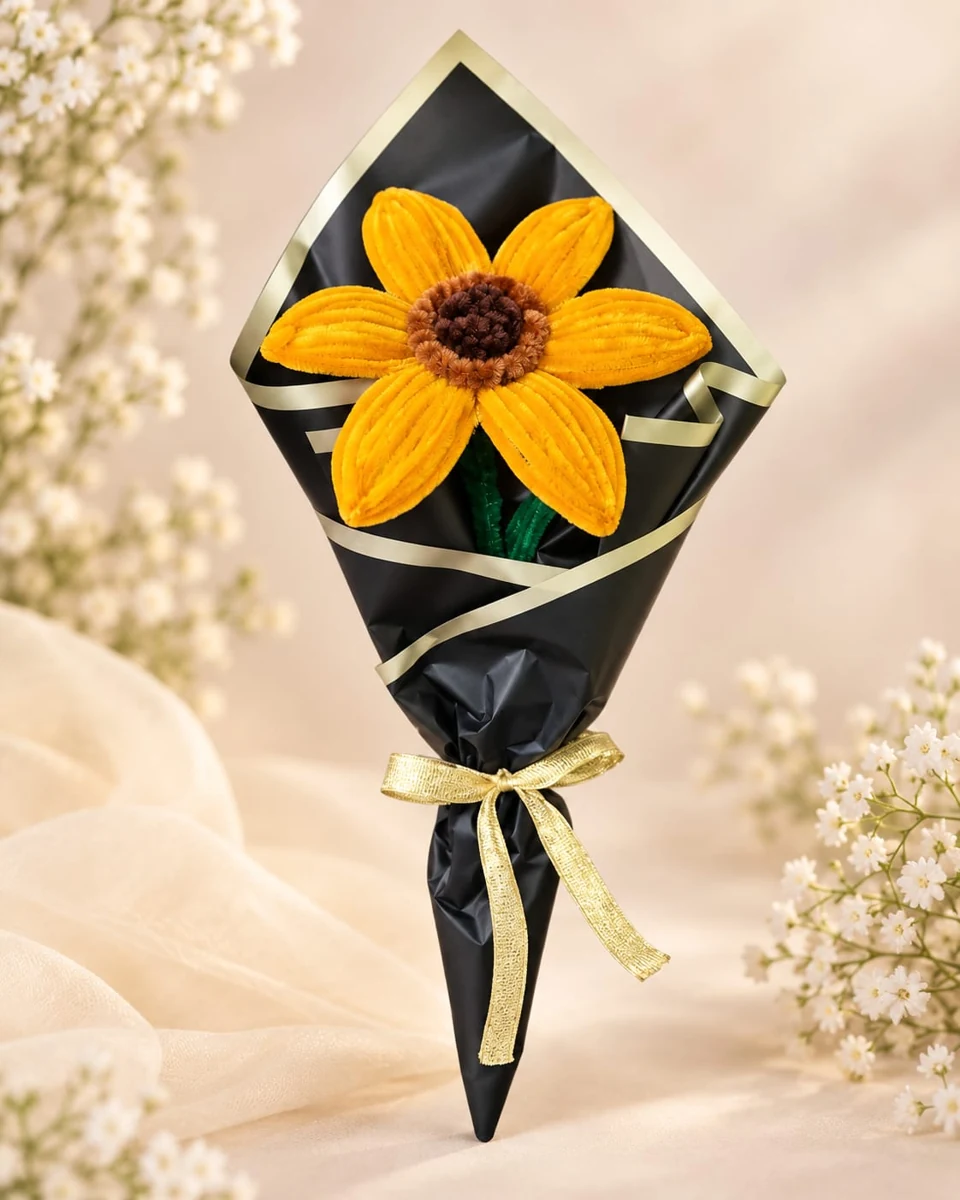 Handmade sunflower bouquet in black and gold wrapping